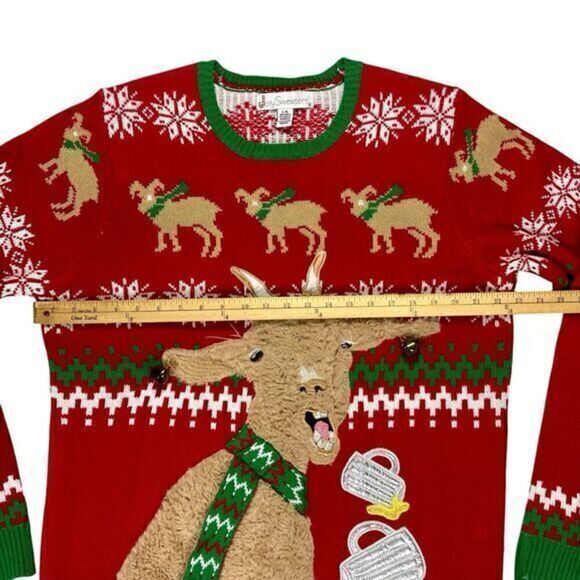 JOLLY SWEATERS Goat drinking Beer Ugly Christmas Sweater Holiday Unisex L Red - Picture 11 of 15